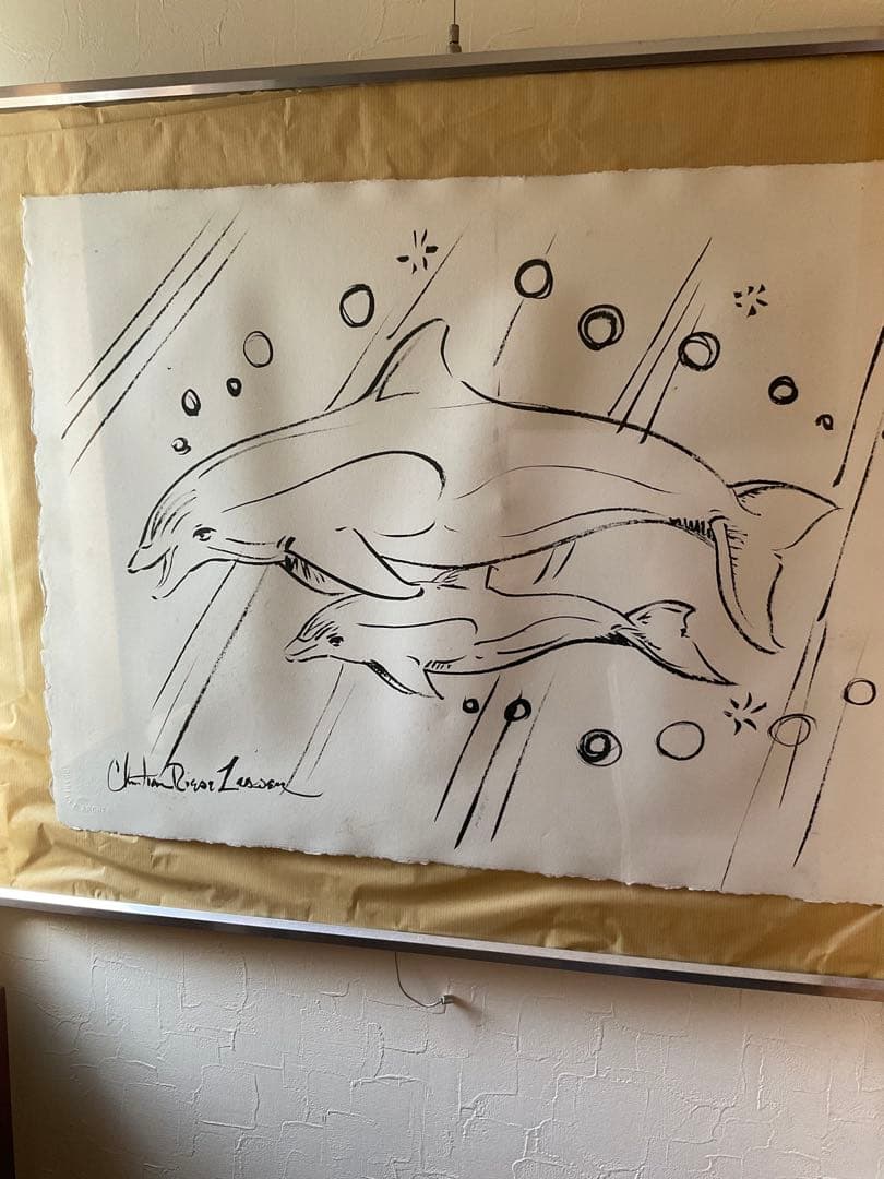 ラッセン 毛筆スケッチ(オリジナル原画)ドローイング　直筆サイン有　イルカの親子