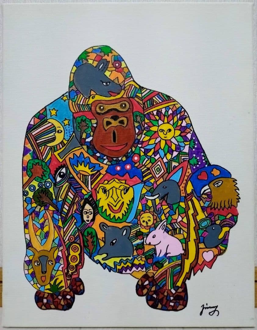 【F6号】ジミー大西【ゴリラ】手描き作品/表裏サイン/油彩/アクリル/絵画/額縁