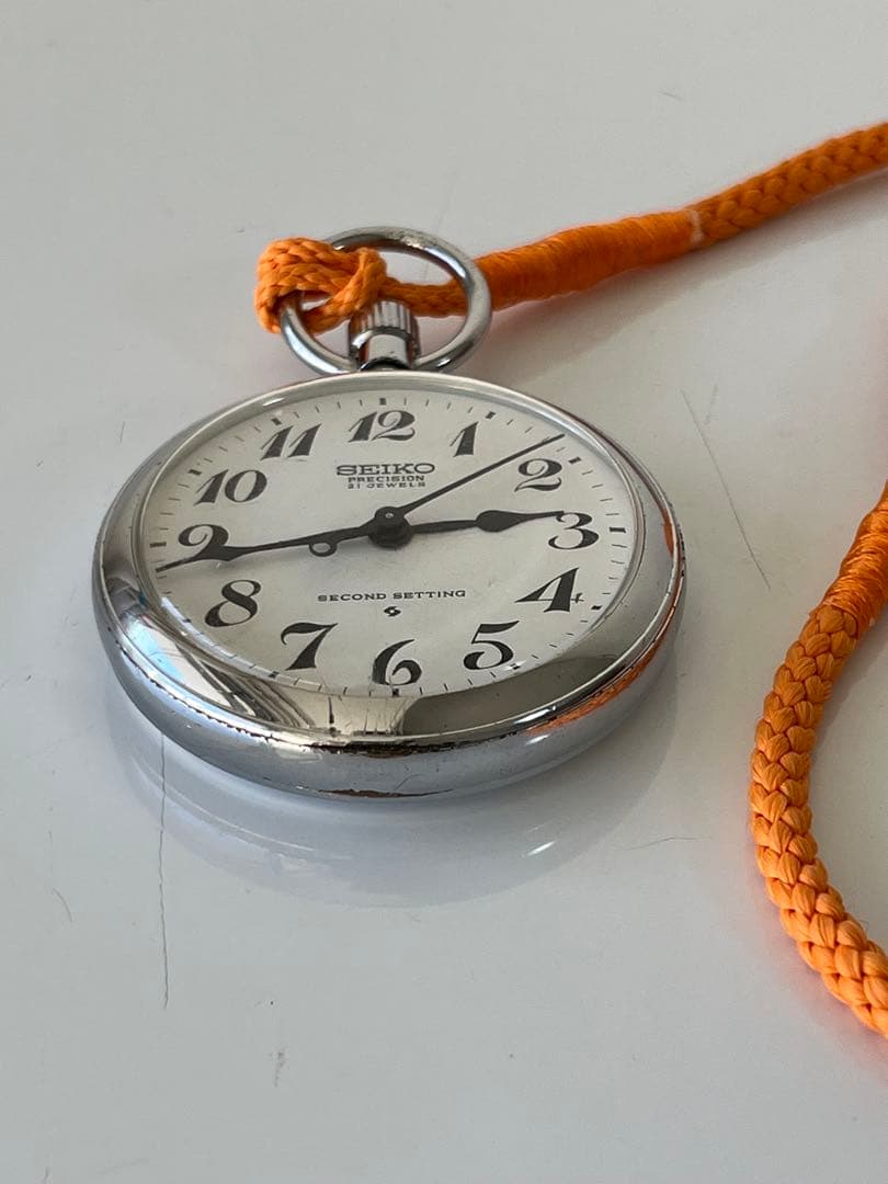 セイコー　鉄道懐中時計　機械式手巻き　3針61系　精度良好　朱色 下げ組紐 付き