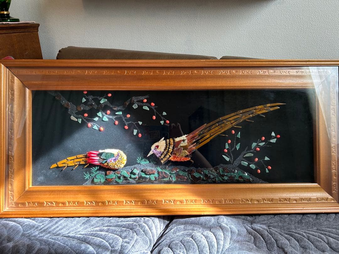 レトロ　芸術品　宝石画　貴石画　尊石画　孔雀　伝統　骨董品　昭和
