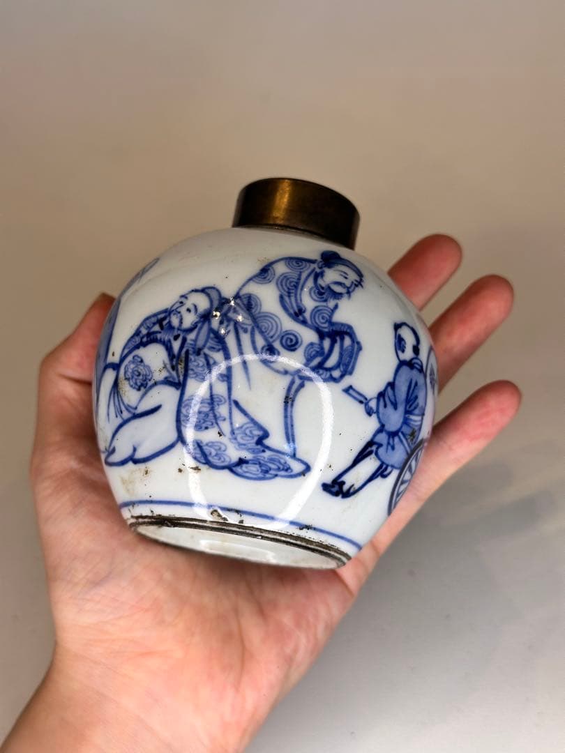 中国清代　人物染付茶葉缶　錫蓋　二重蓋　手描き　古美術　中国古陶磁　茶道具