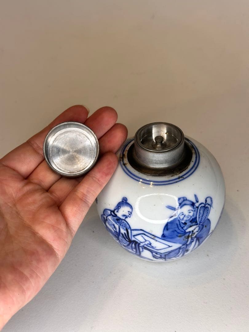 中国清代　人物染付茶葉缶　錫蓋　二重蓋　手描き　古美術　中国古陶磁　茶道具