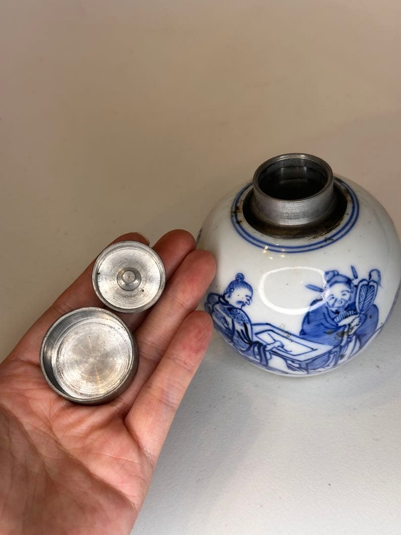中国清代　人物染付茶葉缶　錫蓋　二重蓋　手描き　古美術　中国古陶磁　茶道具
