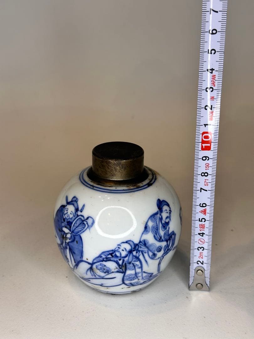 中国清代　人物染付茶葉缶　錫蓋　二重蓋　手描き　古美術　中国古陶磁　茶道具