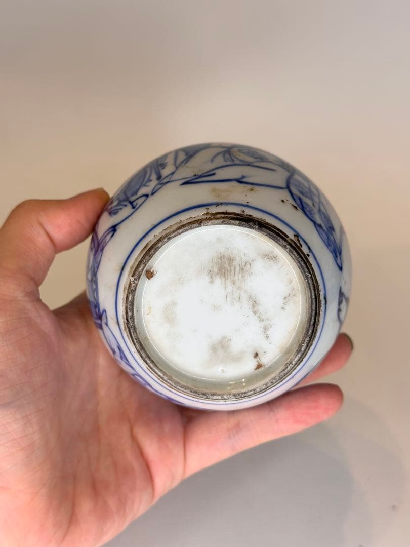 中国清代　人物染付茶葉缶　錫蓋　二重蓋　手描き　古美術　中国古陶磁　茶道具