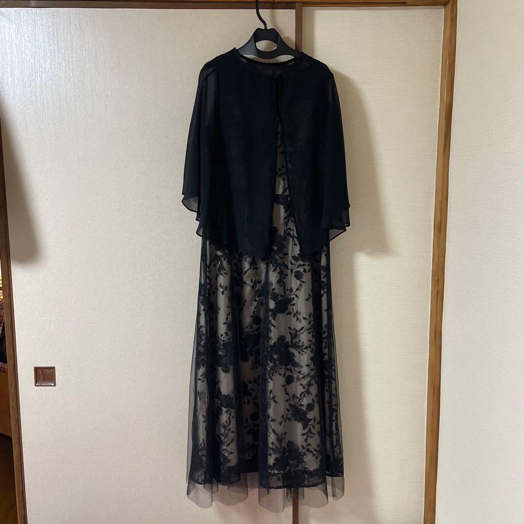 ブラック フラワー刺繍 マキシドレス ショール付き