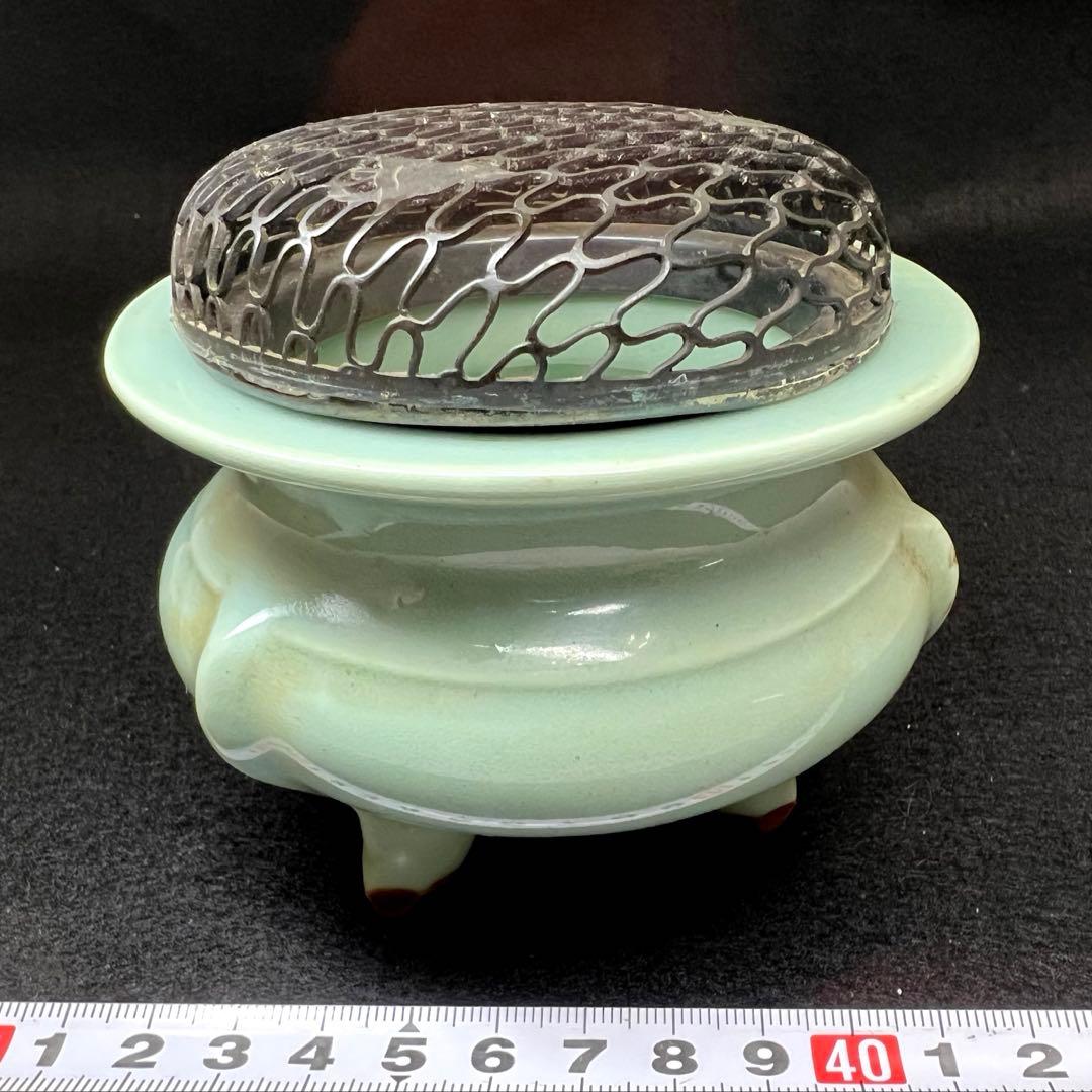 時代　銀火屋青磁香炉　縁外寸約9.5㎝　東Y8-0106①トヒサエ
