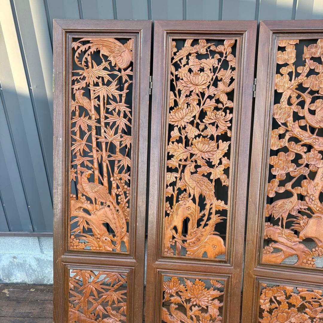 アンティーク 衝立 四面 透かし彫り パーテーション 木彫り 鶴 松 竹 花 鳥