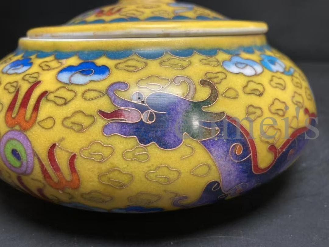 中国古美術・大明成化年製款・掐絲琺瑯龍雲文囲碁罐・蓋付飾壺・陶器・文房置物・風水