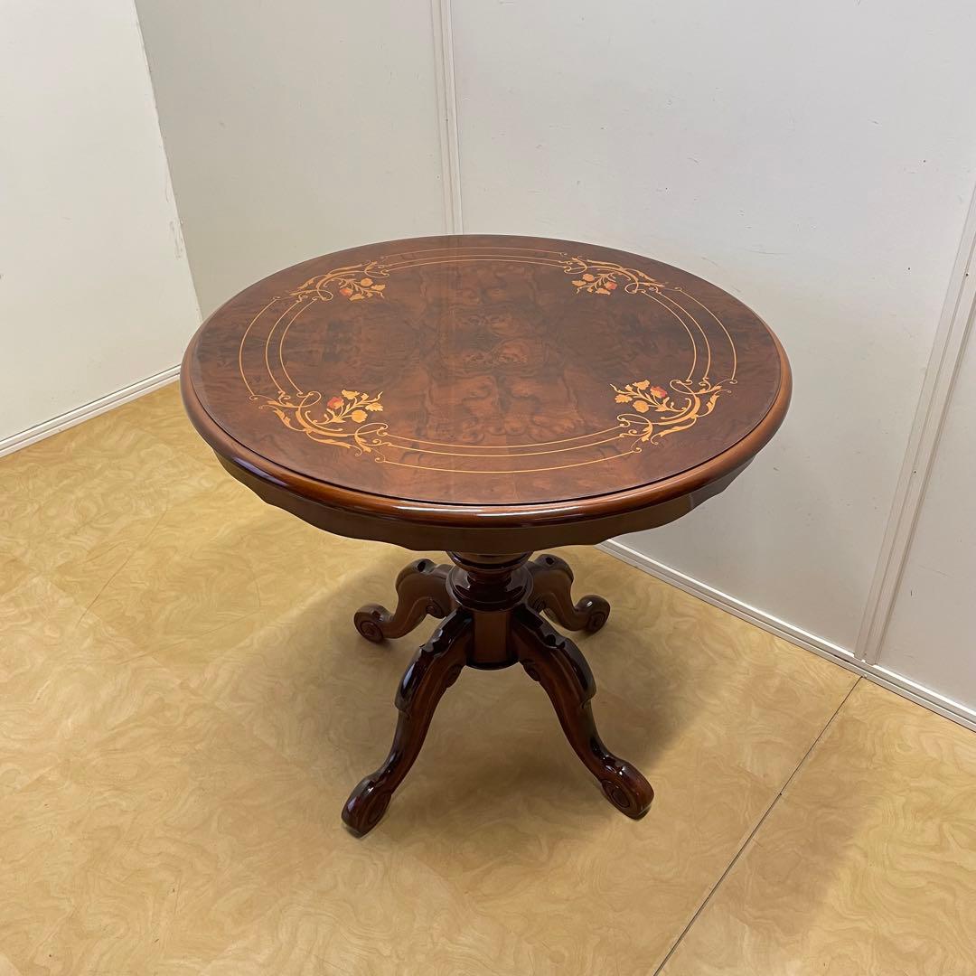 イタリア 丸テーブル 猫脚 象嵌 彫刻 ダイニングテーブル 円形 アンティーク