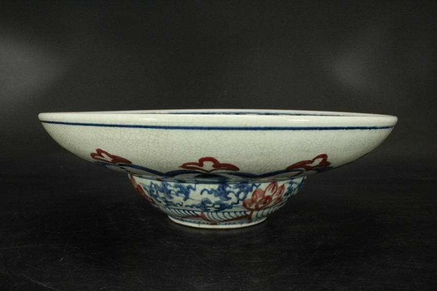 中国美術 赤絵青花 纏枝蓮花紋 壷盤 φ30.5cm(LC178)