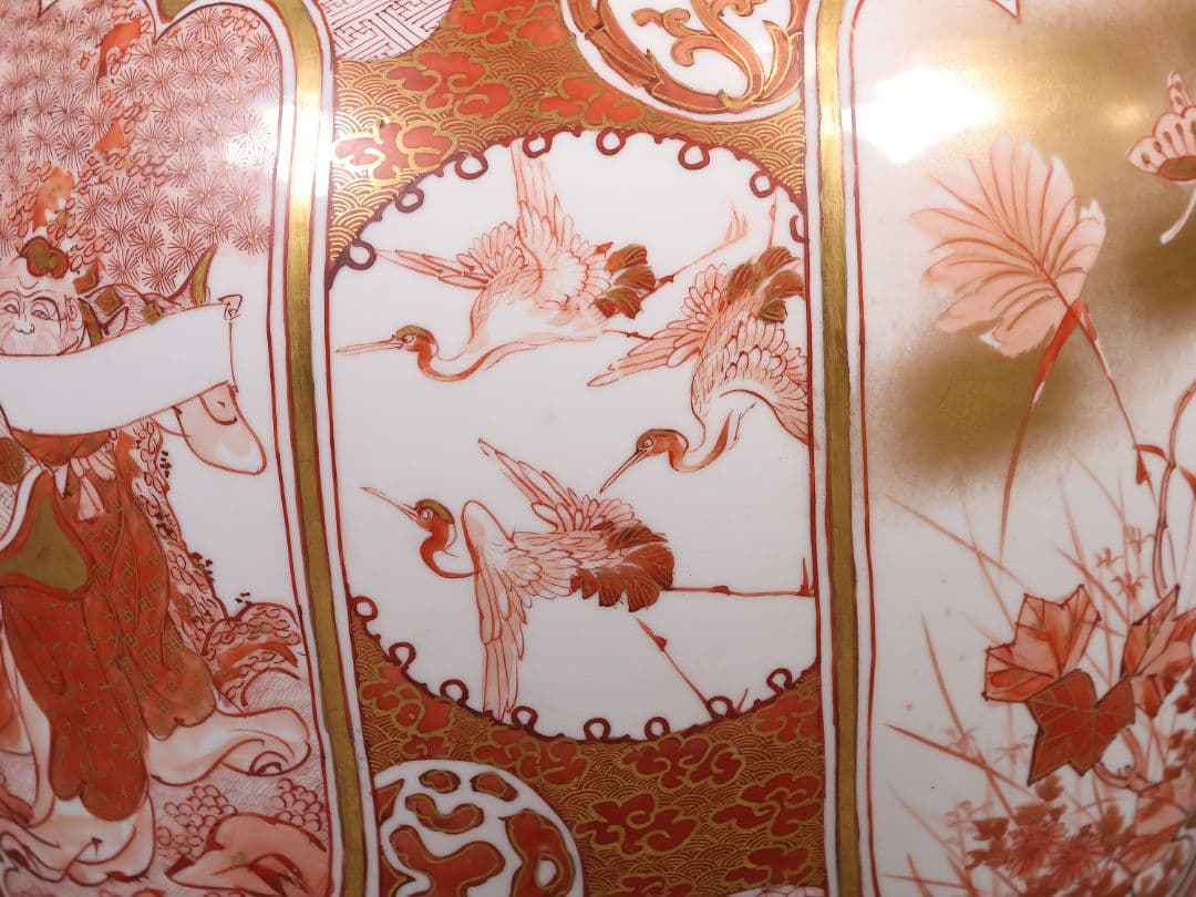 【M387】九谷焼 名工 橋田与三郎 細密赤絵金彩 花瓶 楼閣山水人物草花 花器