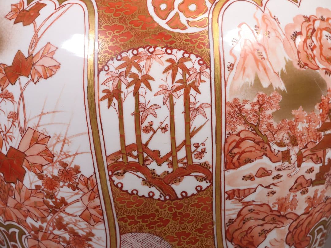 【M387】九谷焼 名工 橋田与三郎 細密赤絵金彩 花瓶 楼閣山水人物草花 花器