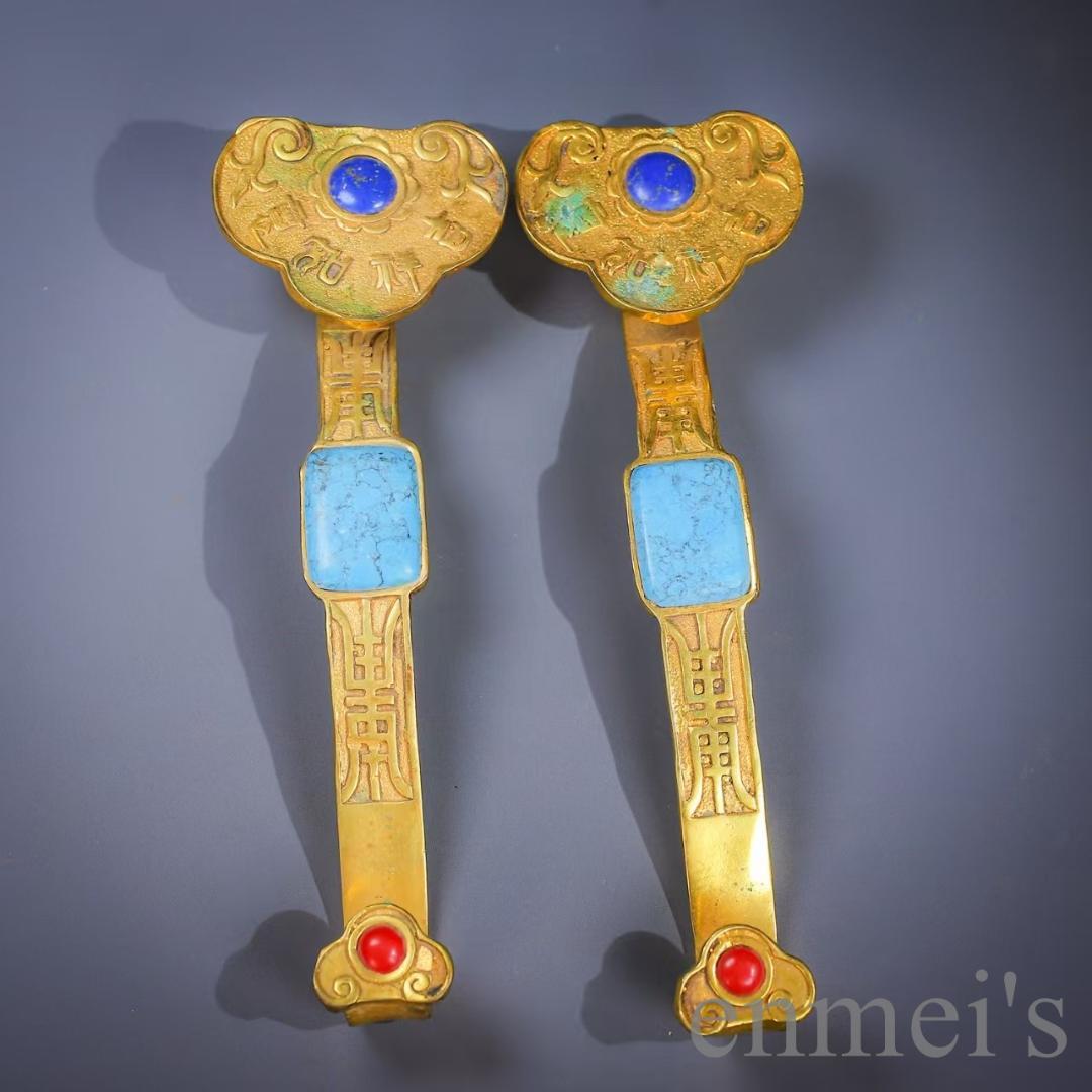 中国古美術 鍍金銅製 多宝嵌 如意元宝 吉祥置物 風水開運 細工 古置物 唐物