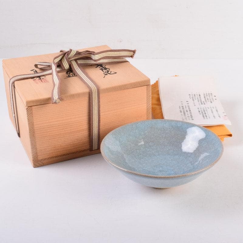茶道具　加納臣峰作　灰青磁　紫陽花茶碗　共布共箱　C　8402