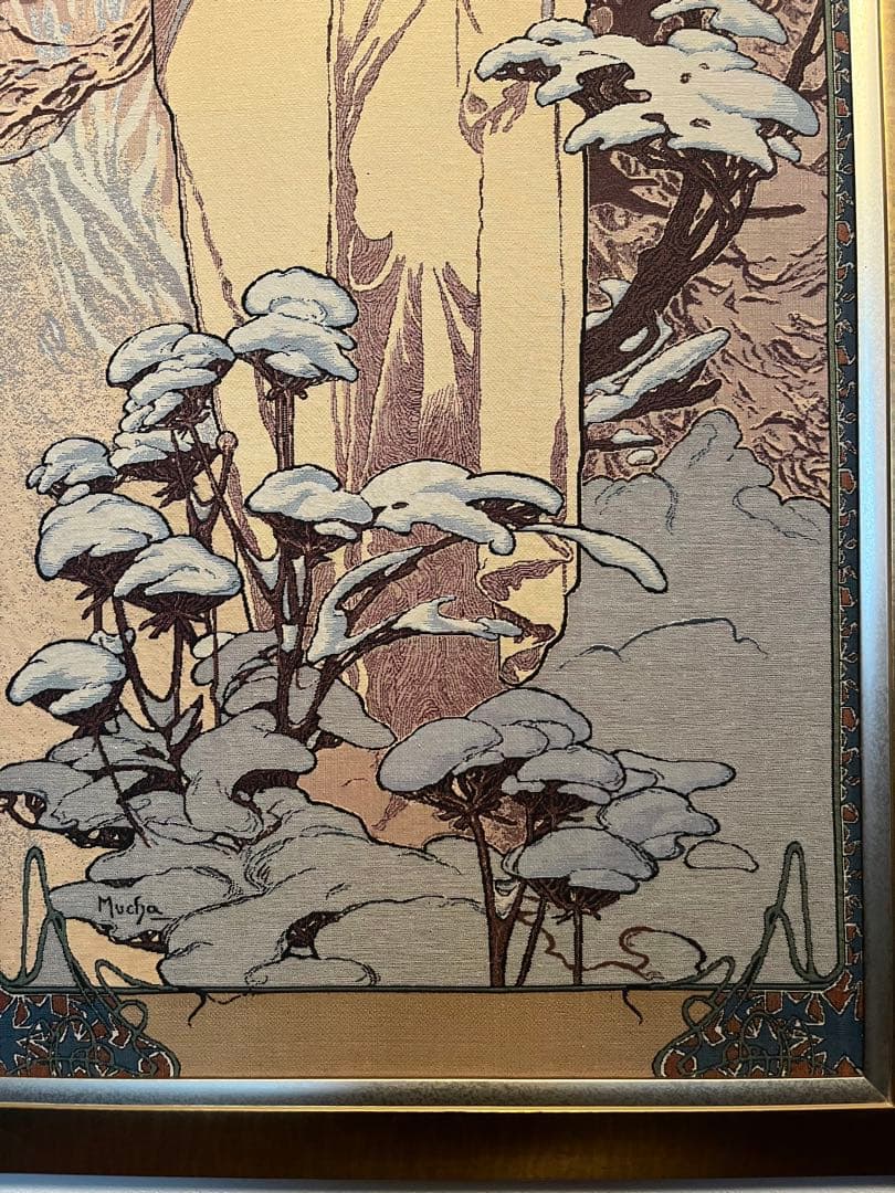 大判 　Alphonse Mucha ガラス絵の冬 - 四季 絨毯 額入アート