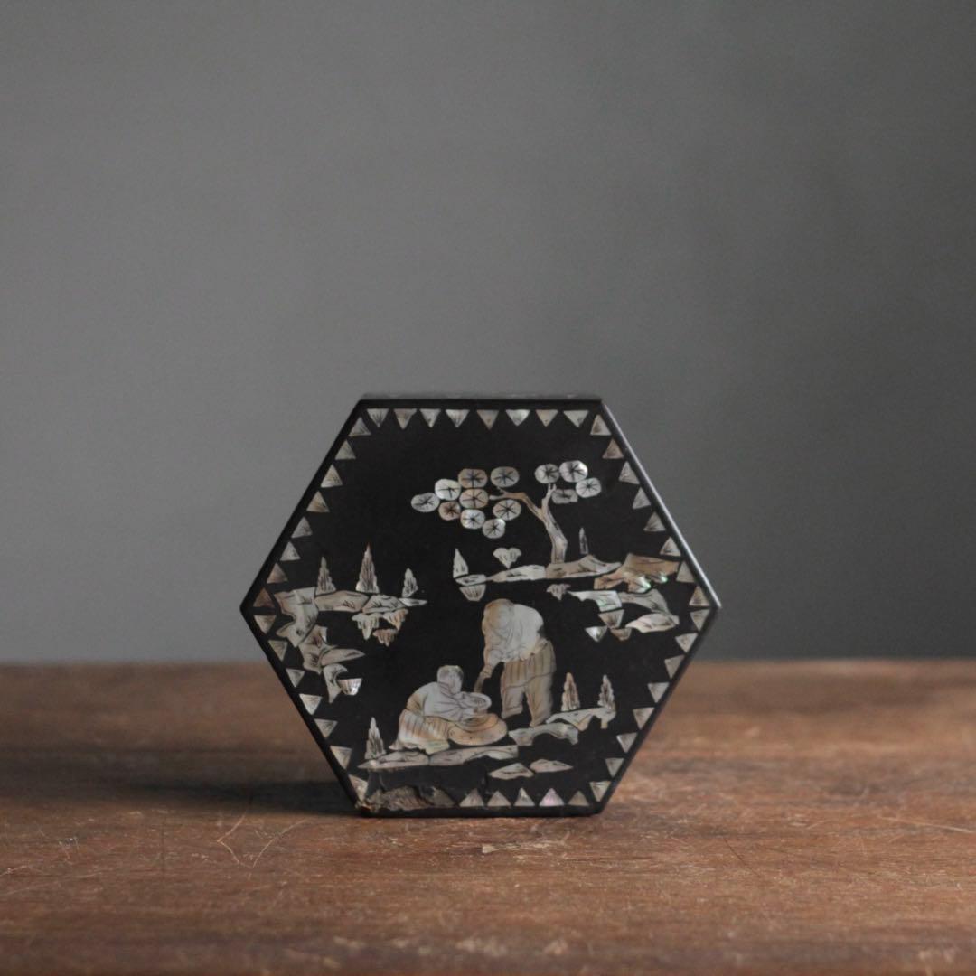 李朝 螺鈿 六角 蓋物 朝鮮美術 古美術 古道具 アンティーク