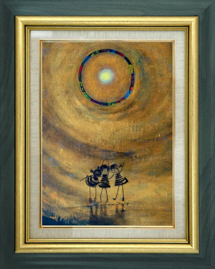 油絵 菅家令子 絵 絵画インテリア額付(青緑＋金色の枠) F4-081014子供