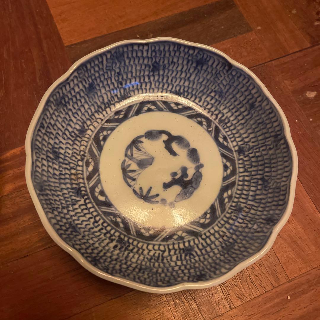 「みじん(微塵)唐草 人気の染付皿！」古伊万里なます皿 2客セット 骨董アンティ