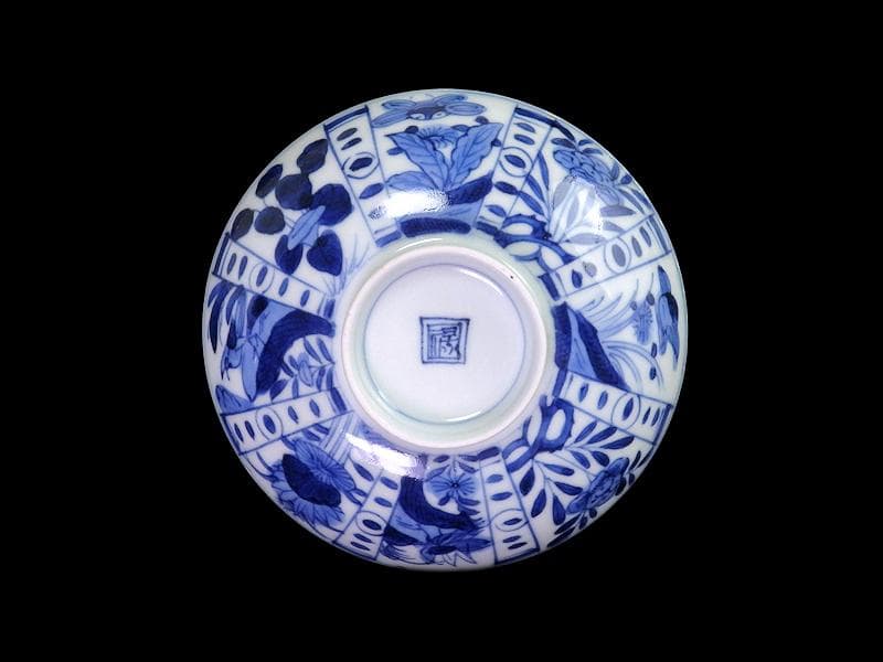 古伊万里　染付　芙蓉手　花鳥紋の図　大振蓋茶碗　F319AS-CXz