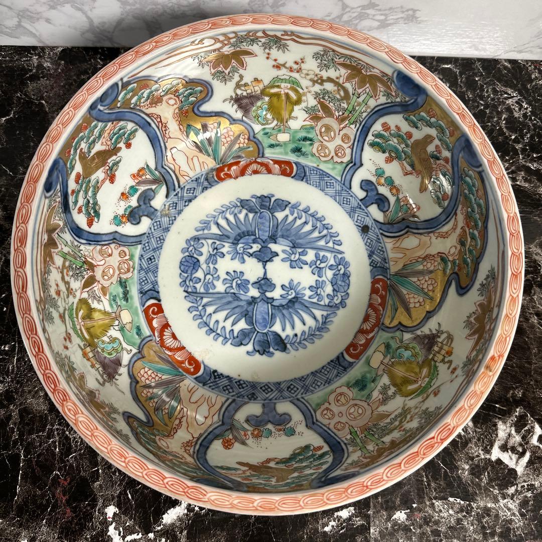 江戸期、色絵金蘭手、極上、花鳥人物図。箱付き。