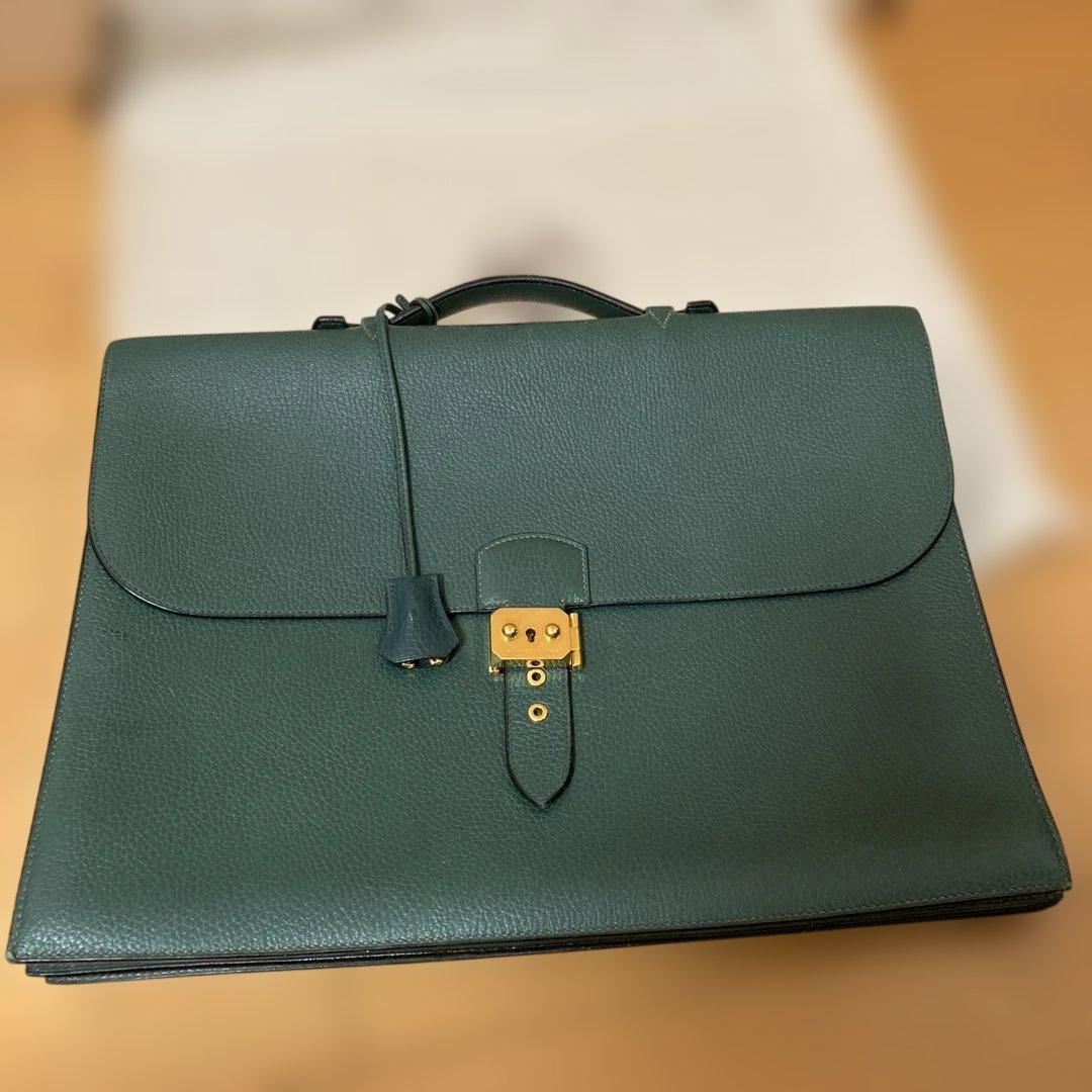 ダークグリーン レザー ビジネスバッグエルメス