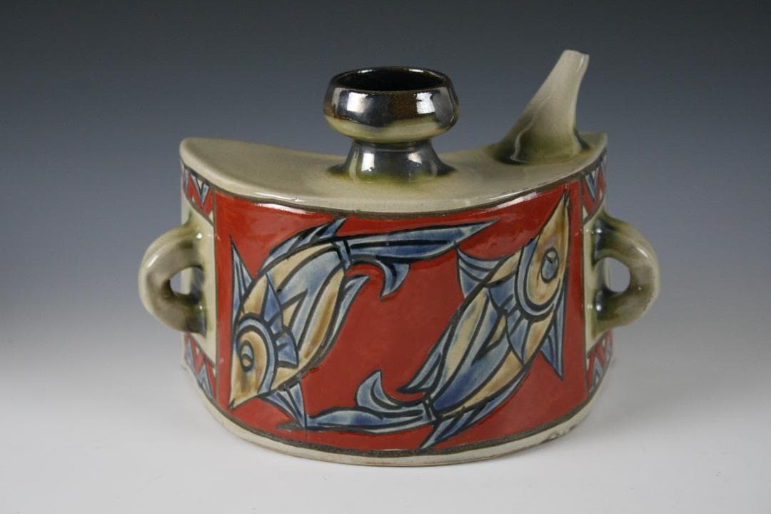 壺屋焼　金城敏幸　赤絵双魚文抱瓶（大）