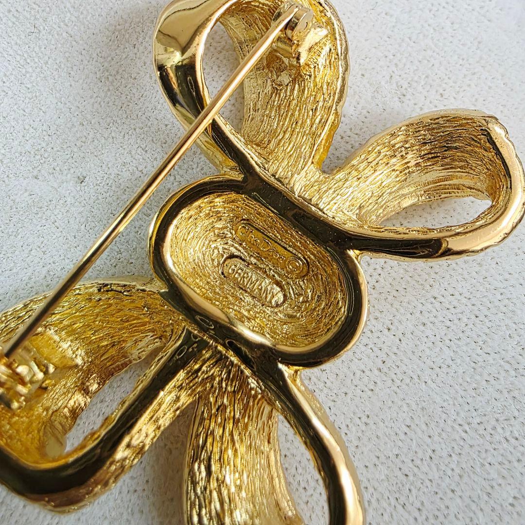 Dior クリスチャンディオール リボン ブローチ ゴールド ラインストーン