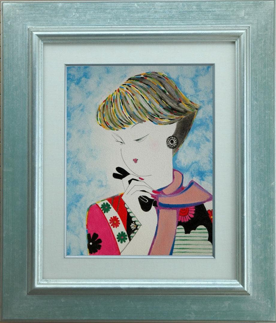 油絵 菅家令子 絵 絵画 インテリア 額付(青緑＋銀) F3-010311 女性