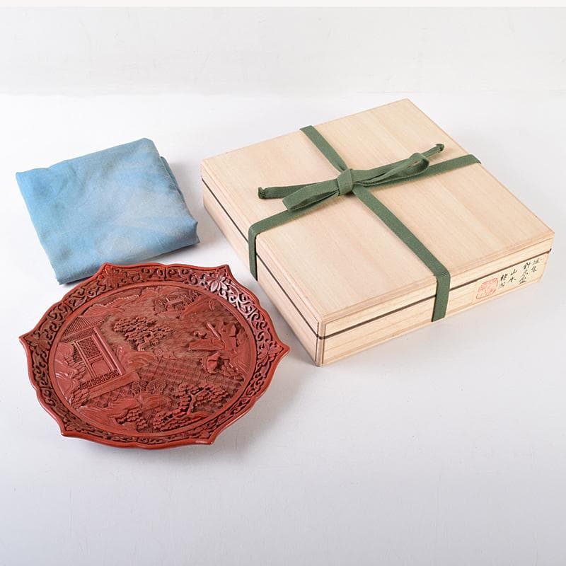 中国　堆朱　山水楼閣彫　針木盆　輪花盆　時代箱付　F　R8632