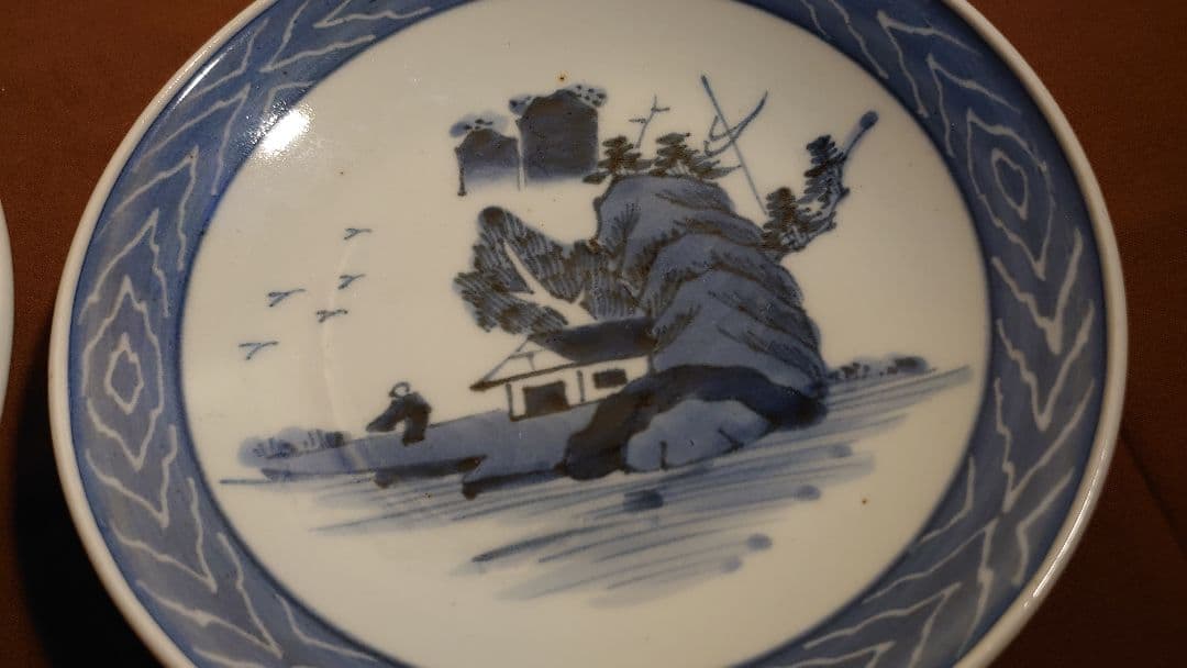 李朝　古玩　古染付　染付　中皿　菓子皿　茶道具　蔵出し　２客