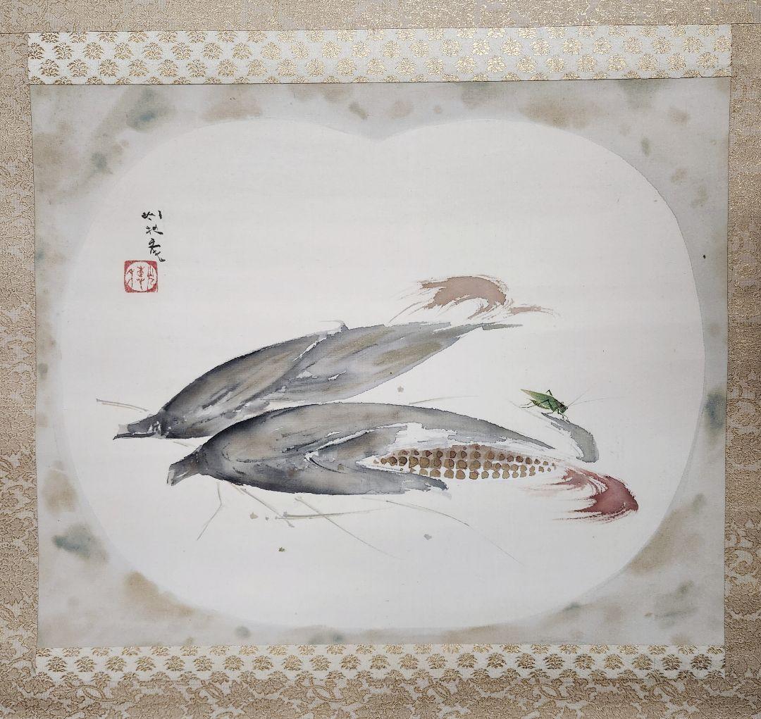 【玉蜀黍に虫図】佐野光穂 2644 掛け軸 とうもろこし　肉筆
