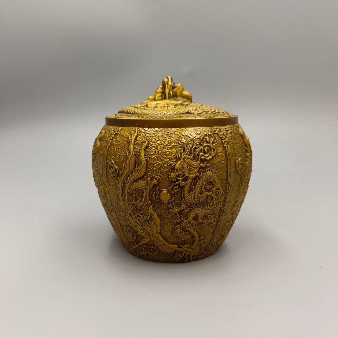 銅 細工 レリーフ龍鳳銅缶 茶缶 貯蔵缶 装飾品 工芸品 置物