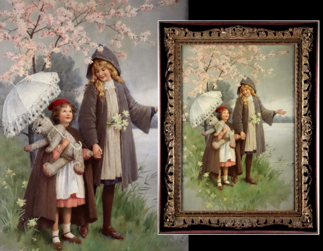 真作保証 西洋美術 ヨーロッパ絵画 「少女と女性」油彩20号 18～19世紀古画