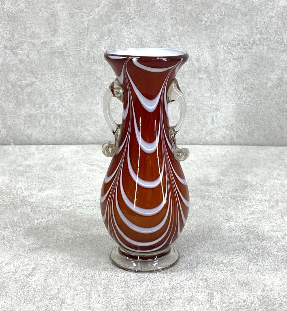 花瓶 高さ19.3 cm 赤茶 硝子 花生 アンティーク 吹きガラス
