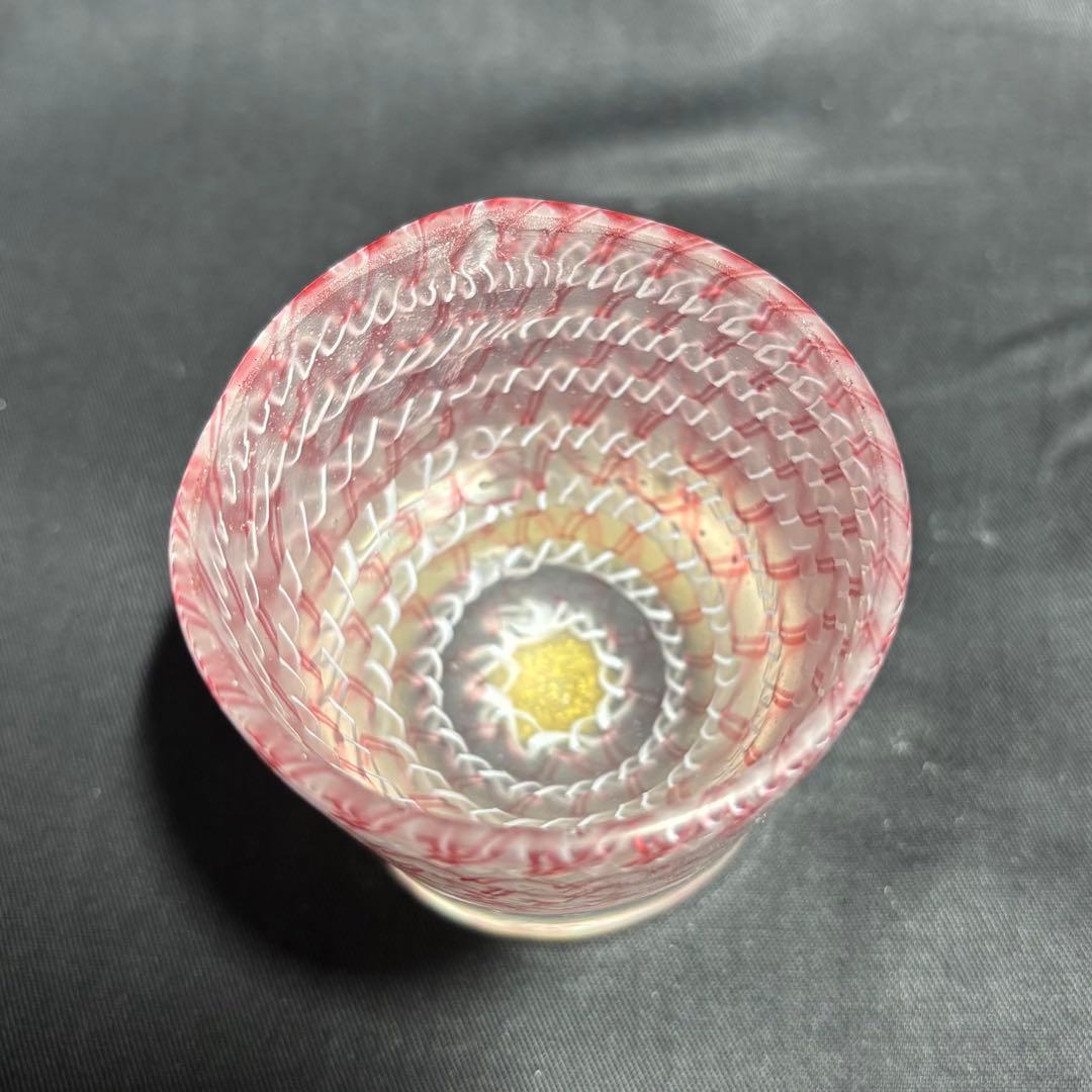 コアガラス　小暮紀一　冷酒杯　レース文様　赤　ぐい呑　おちょこ