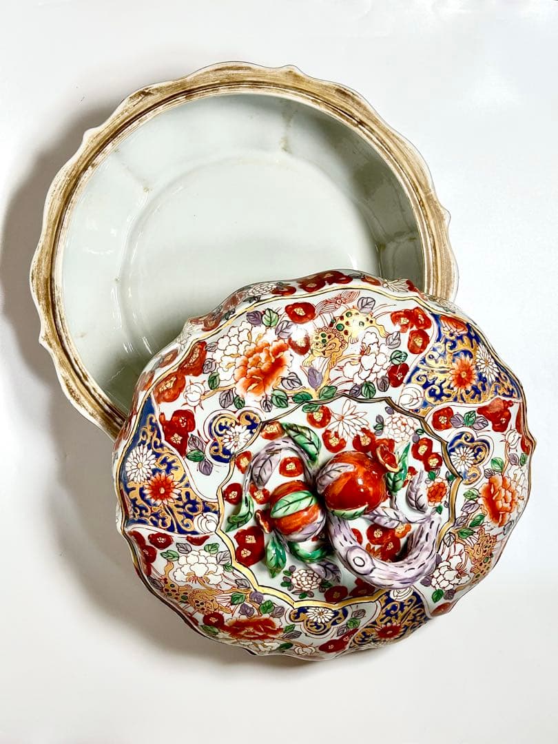華榮堂 清朝末期 稀少品 広彩色絵 石榴摘蓋付大鉢 伊万里写 中国磁器