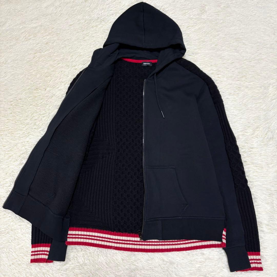DIESEL ディーゼル ニット切り替えジャケット パーカー 黒 ロゴ 2XL