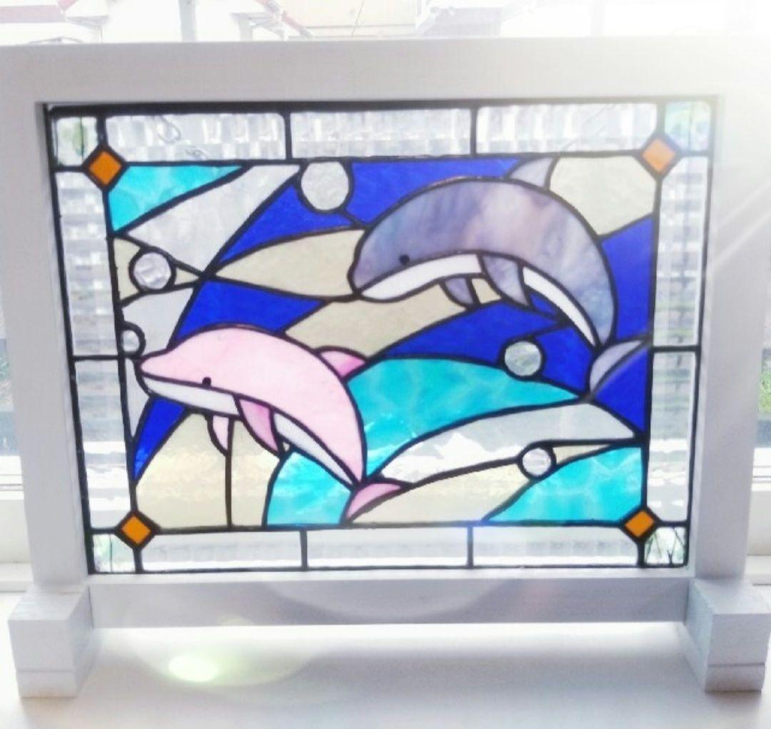 ステンドグラス　2色イルカのパネル(スタンド付)
