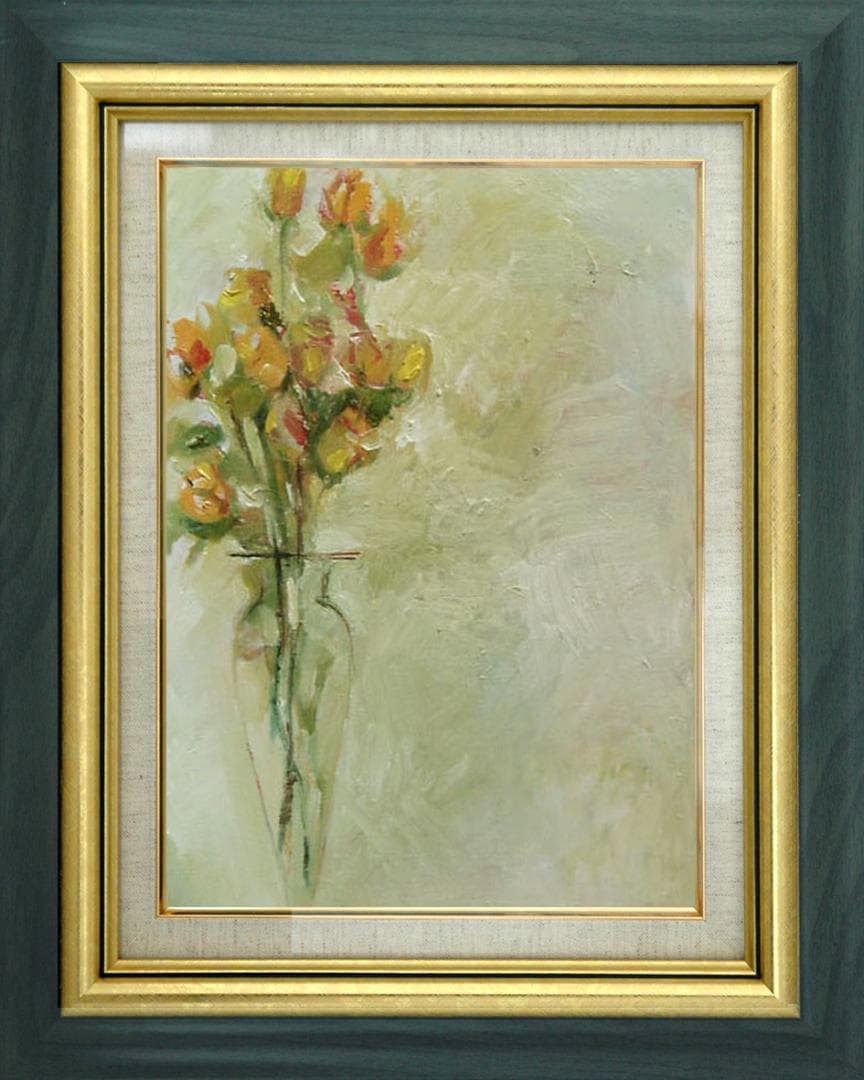 油絵 菅家令子 絵画インテリア 額付(青緑＋金色の枠) uF6-113402ばら