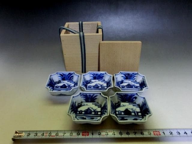 小皿■染付人物絵【大日本永楽造】5客 手塩皿 古京焼 永楽得全 青華 古玩 骨董