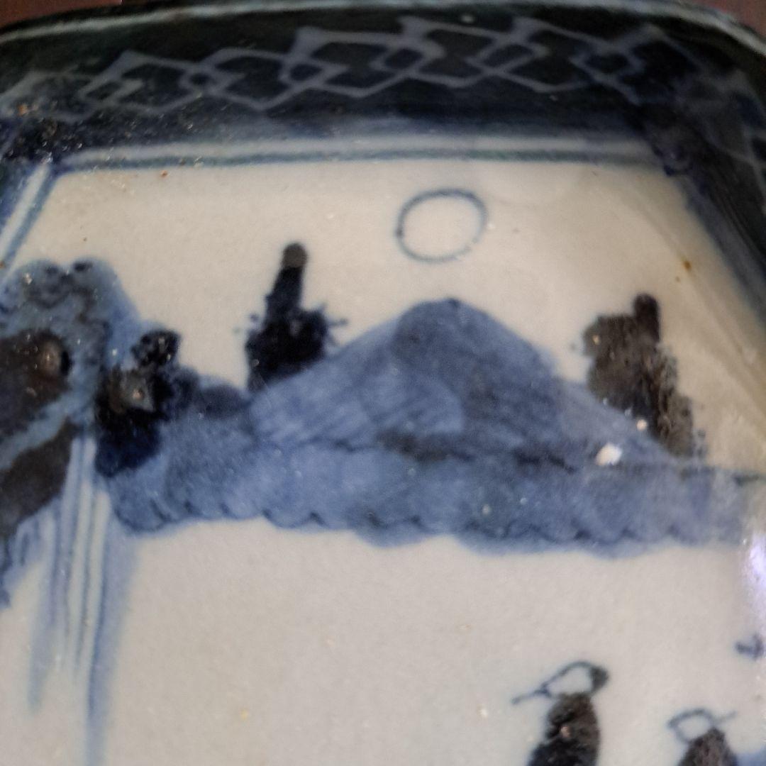 江戸初期　呉須　六角型　　豆皿　超極上　山水人物 月夜のウサギ図　１客　完品に近