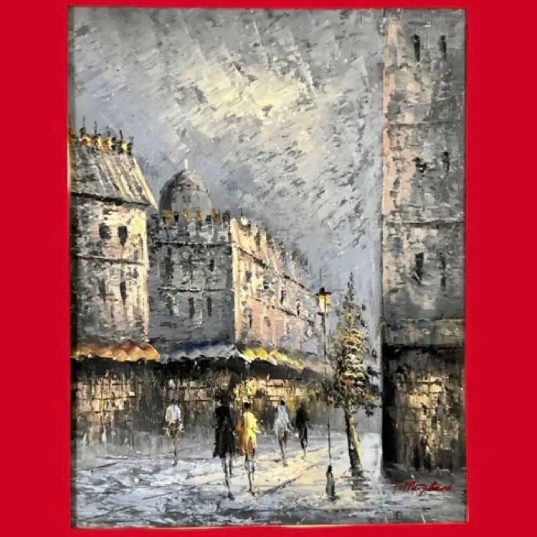 T.Mizutani 工芸画《モンマルトル》額付 56×47cm ガラス付 送込