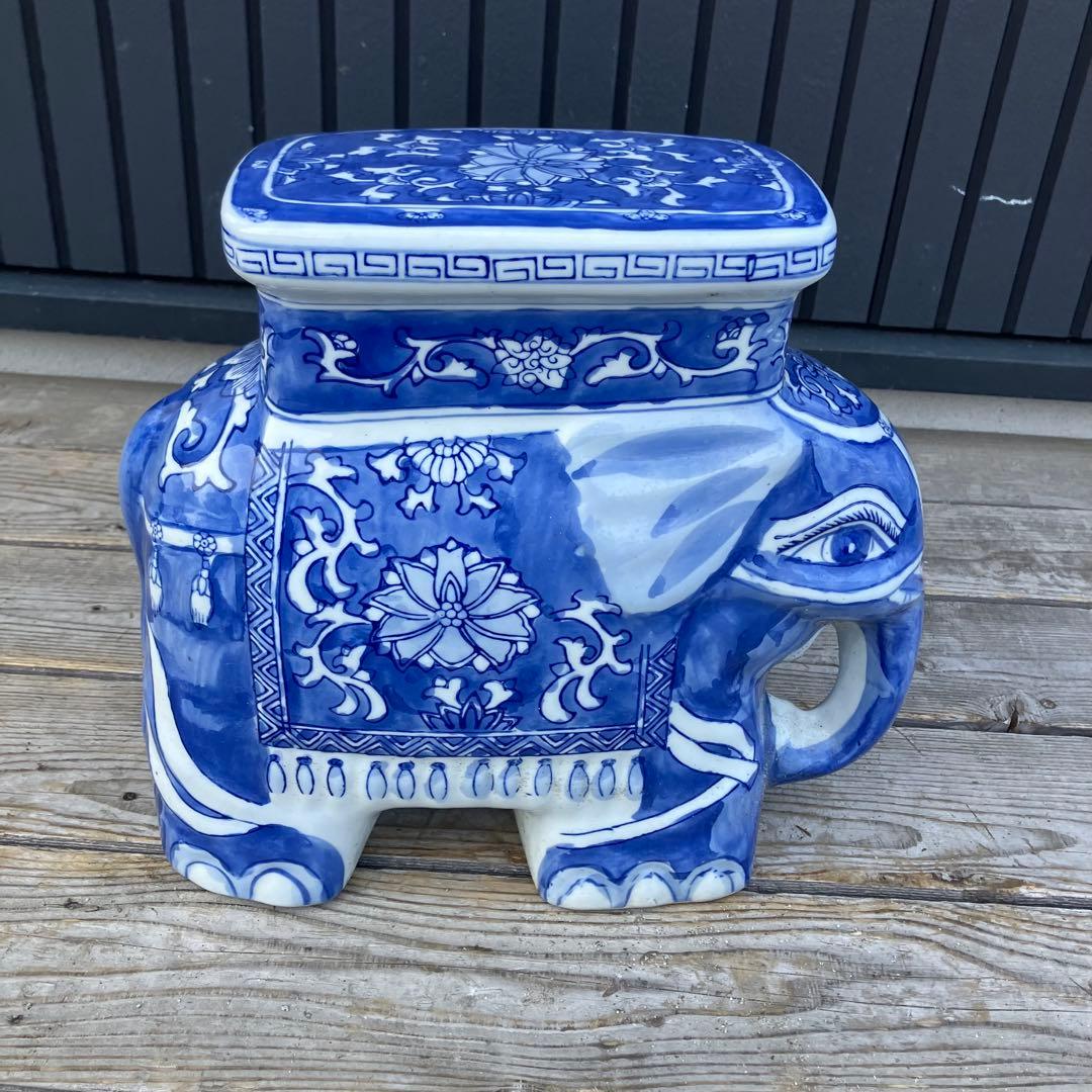 ② 景徳鎮 中国美術品 陶器製 象 オブジェ 飾り スツール 花台 骨董品 置物