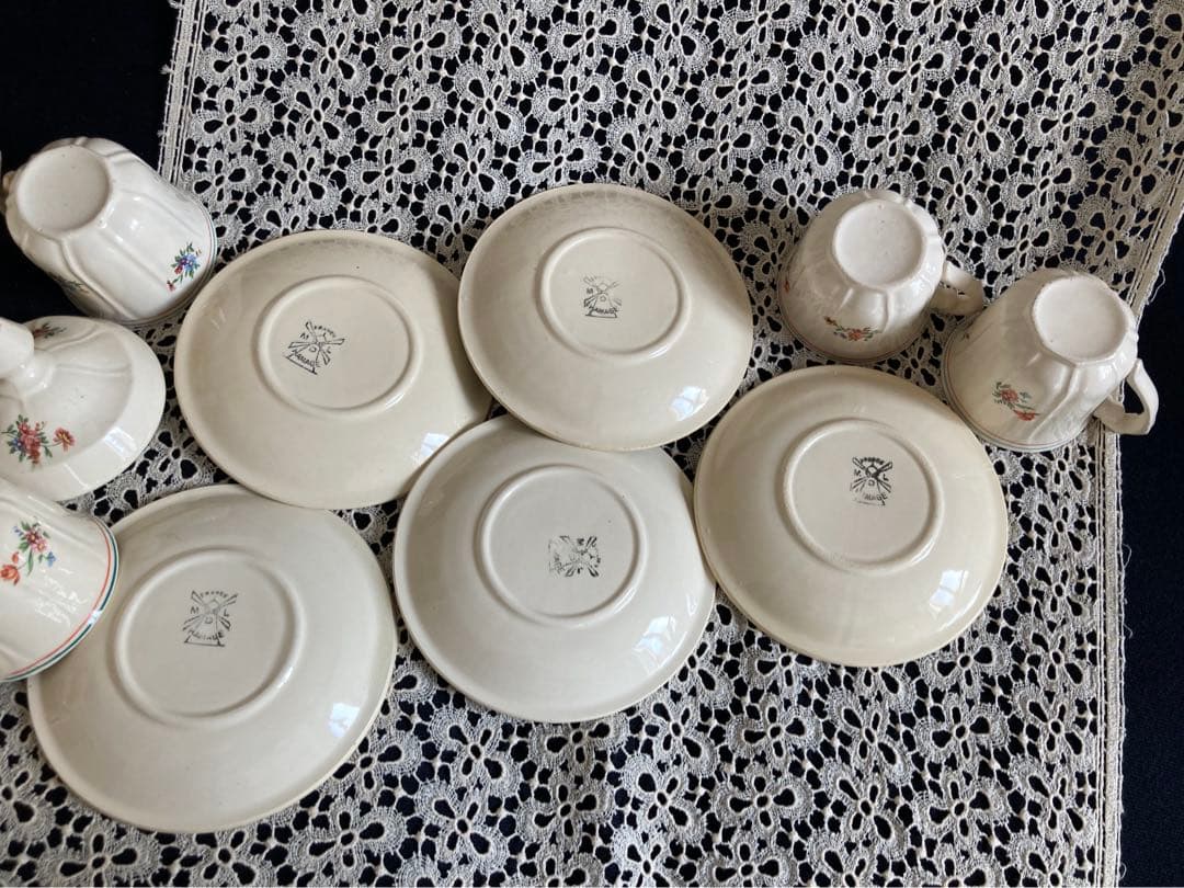 フランスアンティーク 花リム エクリュ ムーランデルー窯 ティーセット