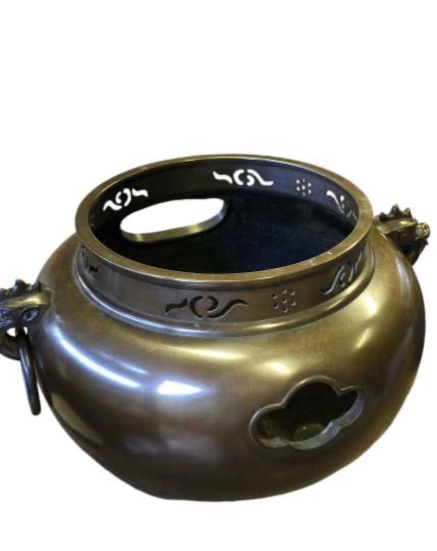 釜師　木村一無作　銀摘　共箱『唐銅鬼面風炉』茶道具/鉄瓶　古道具