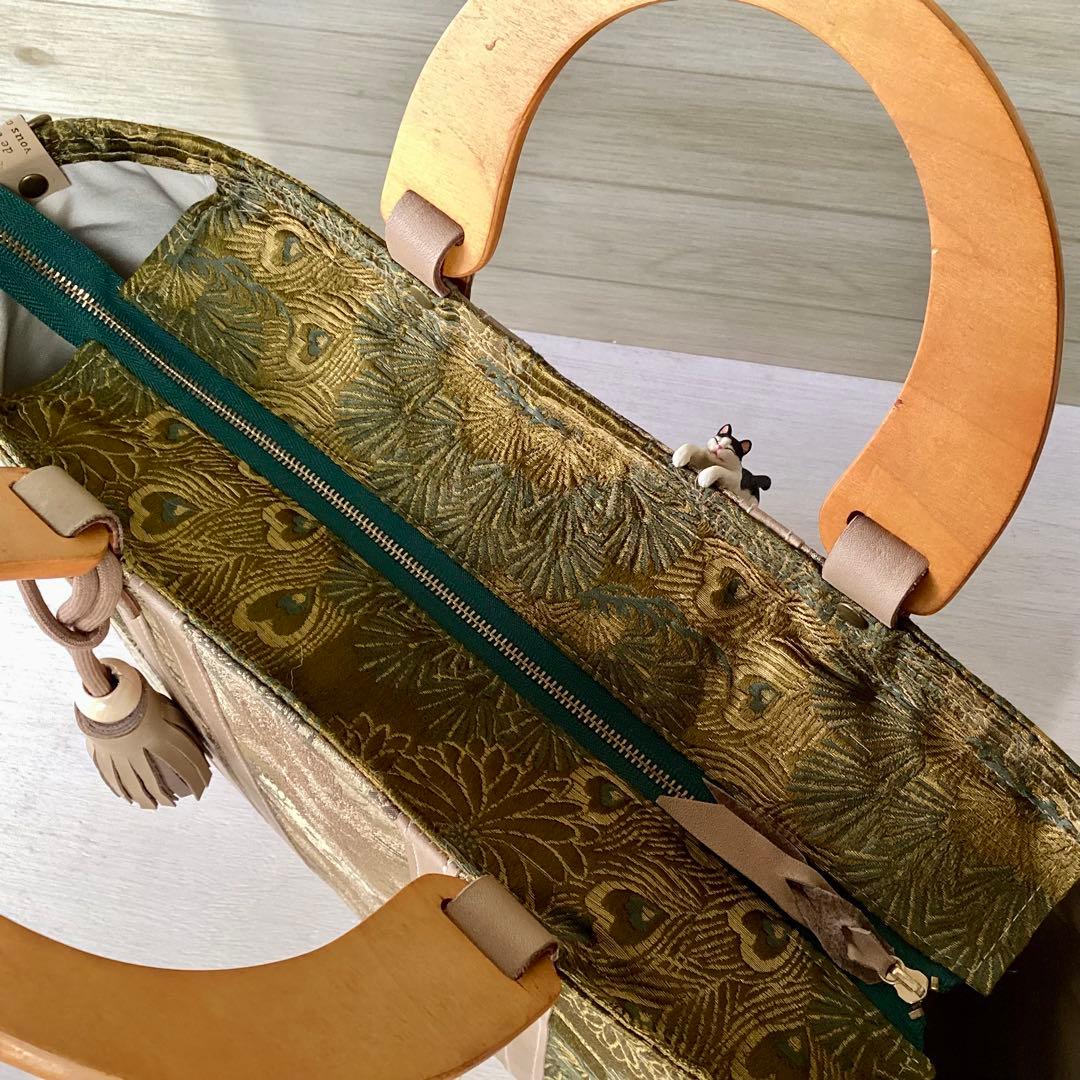 着物リメイク. アンティーク丸帯 × 本革 トートバッグ. ハンドメイド 花鳥柄