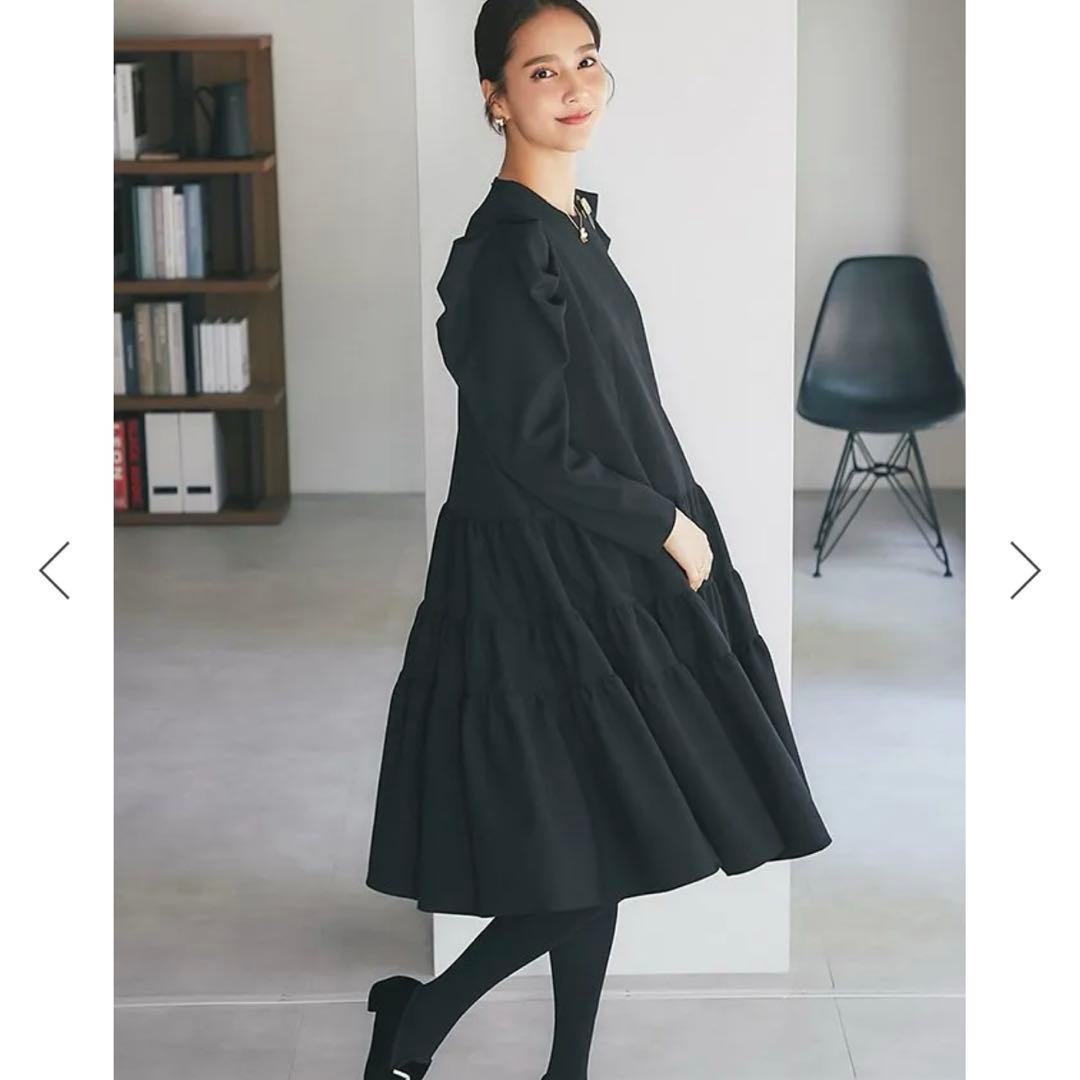 セブンテン　SEVEN TEN ウールライクティアードワンピース　ブラック　M