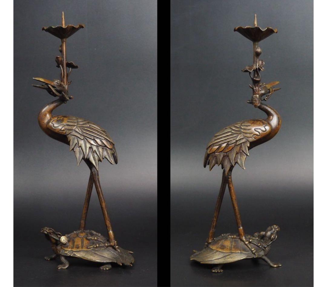 送料無料　江戸～明治時代　古銅鶴亀燭台　精巧細密作り　極上品　高29ｃｍ