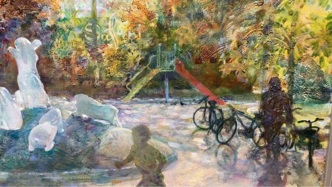 油絵　F30号　絵画　印象画　肉筆　油画　木漏れ日　広場　こどもたち　キャンバス